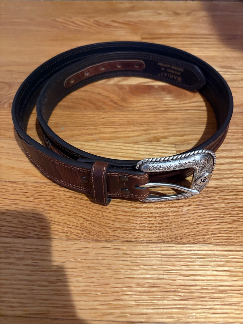 Ariat Brown Leather Men's Belt with Engraved Silver Buckle